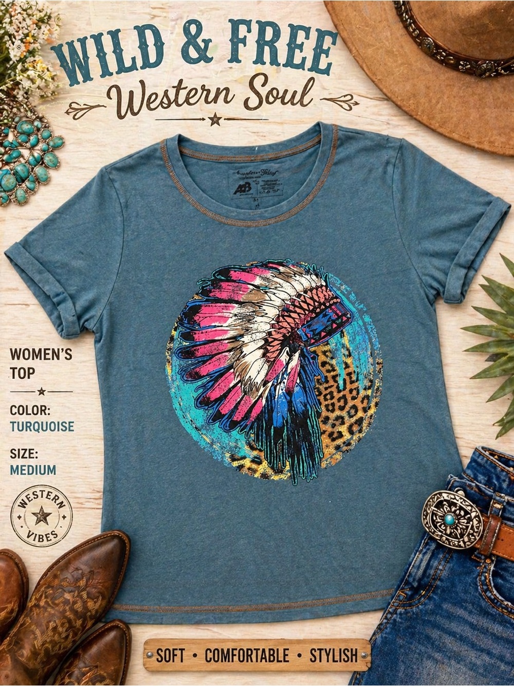 American Bling Western Graphic Tee Turquoise Feather Headdress Boho Top Sz M NWT